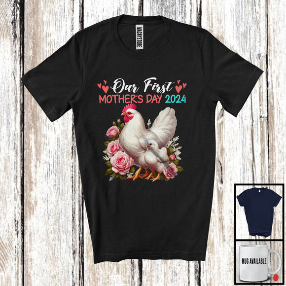 MacnyStore - Our First Mother's Day 2024, Adorable Mother's Day Mommy Baby Chicken Lover, Flowers Family T-Shirt