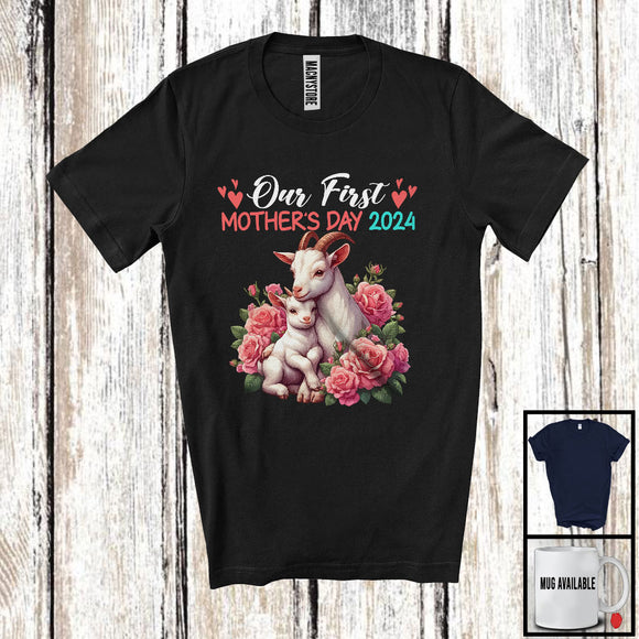 MacnyStore - Our First Mother's Day 2024, Adorable Mother's Day Mommy Baby Goat Lover, Flowers Family T-Shirt