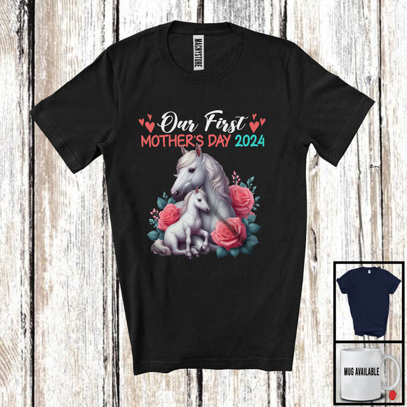 MacnyStore - Our First Mother's Day 2024, Adorable Mother's Day Mommy Baby Horse Lover, Flowers Family T-Shirt