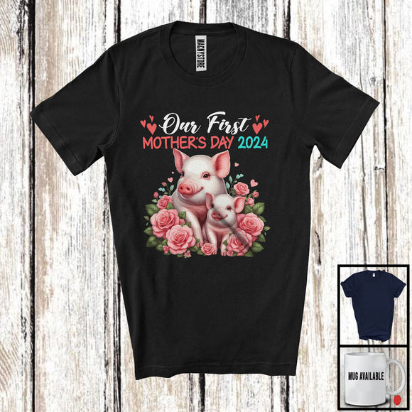 MacnyStore - Our First Mother's Day 2024, Adorable Mother's Day Mommy Baby Pig Lover, Flowers Family T-Shirt