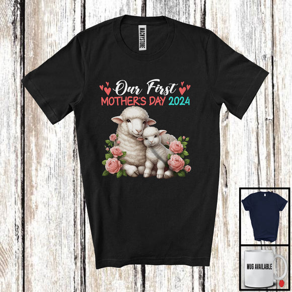 MacnyStore - Our First Mother's Day 2024, Adorable Mother's Day Mommy Baby Sheep Lover, Flowers Family T-Shirt