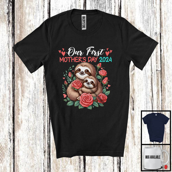 MacnyStore - Our First Mother's Day 2024, Adorable Mother's Day Mommy Baby Sloth Lover, Flowers Family T-Shirt