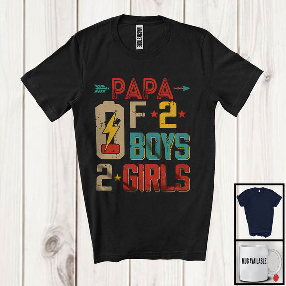 MacnyStore - Papa Of 2 Boys 2 Girls, Humorous Father's Day Low Battery, Vintage Matching Family Group T-Shirt