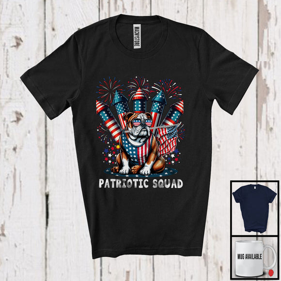 MacnyStore - Patriotic Squad, Adorable 4th Of July Bulldog Owner Firecrackers, American Flag Fireworks T-Shirt