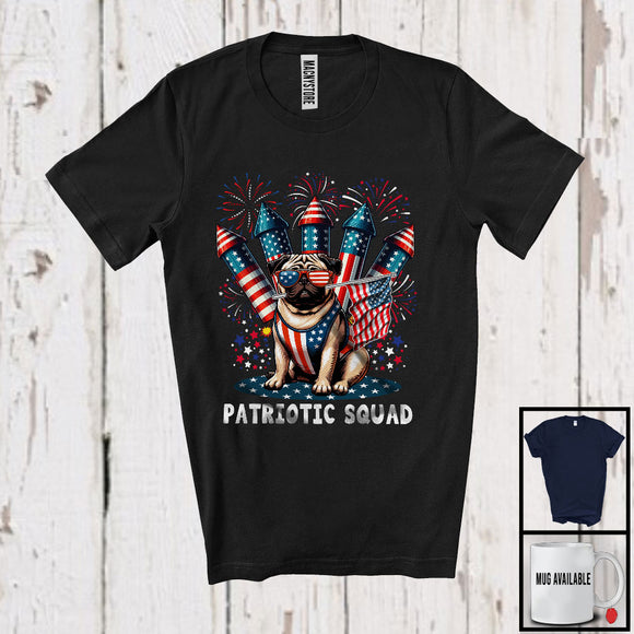 MacnyStore - Patriotic Squad, Adorable 4th Of July Pug Owner Firecrackers, American Flag Fireworks T-Shirt