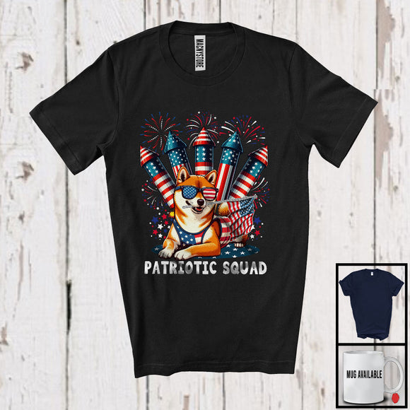 MacnyStore - Patriotic Squad, Adorable 4th Of July Shiba Inu Owner Firecrackers, American Flag Fireworks T-Shirt