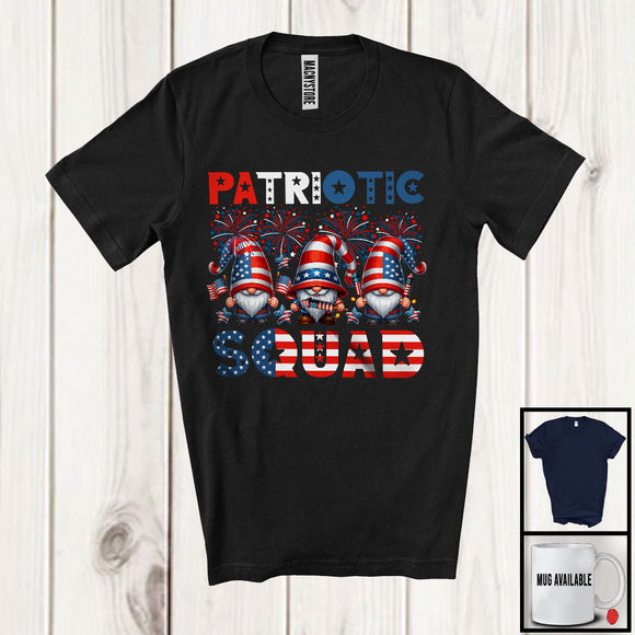 MacnyStore - Patriotic Squad, Adorable 4th Of July Three Gnomes Gnomies, American Flag Fireworks Patriotic T-Shirt
