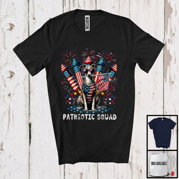 MacnyStore - Patriotic Squad, Adorable 4th Of July Whippet Owner Firecrackers, American Flag Fireworks T-Shirt