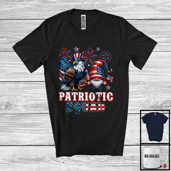 MacnyStore - Patriotic Squad, Amazing 4th Of July American Flag Eagle With Gnome, Fireworks Patriotic Group T-Shirt