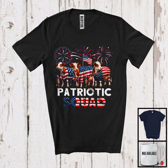 MacnyStore - Patriotic Squad, Awesome 4th Of July Three Cow Farmer, American Flag Fireworks Family Group T-Shirt