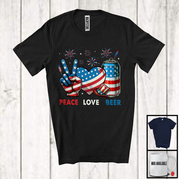 MacnyStore - Peace Love Beer, Awesome 4th Of July American Flag Peace Sign Hand Heart, Drinking Drunker T-Shirt