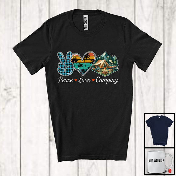 MacnyStore - Peace Love Camping, Lovely Summer Vacation Plaid Peace Hand Sign Heart, Camping Lover Team T-Shirt