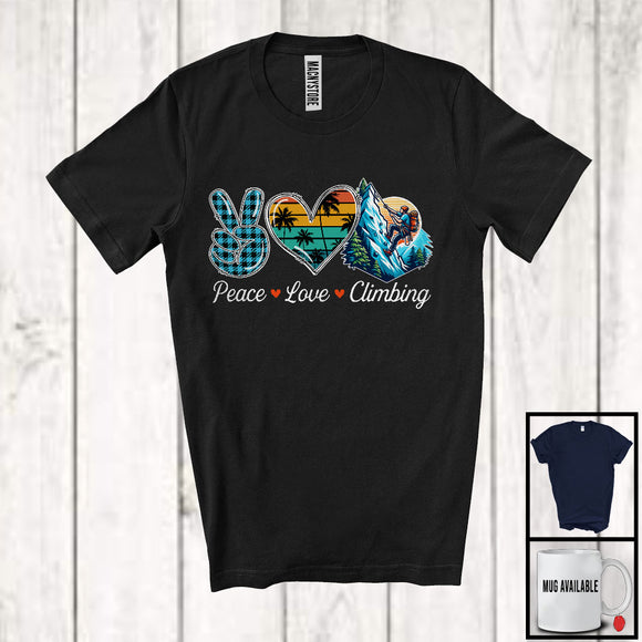 MacnyStore - Peace Love Climbing, Lovely Summer Vacation Plaid Peace Hand Sign Heart, Climbing Lover Team T-Shirt