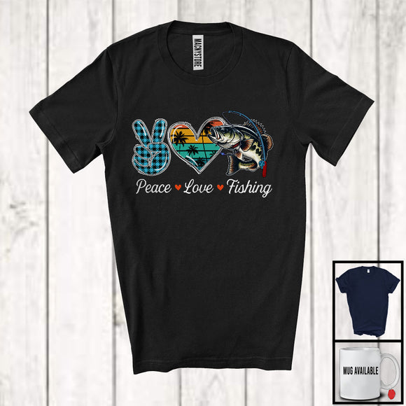 MacnyStore - Peace Love Fishing, Lovely Summer Vacation Plaid Peace Hand Sign Heart, Fishing Lover Team T-Shirt