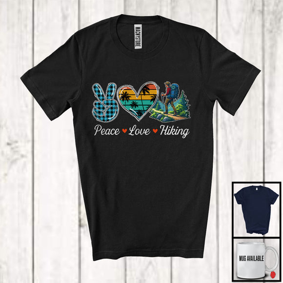 MacnyStore - Peace Love Hiking, Lovely Summer Vacation Plaid Peace Hand Sign Heart, Hiking Lover Team T-Shirt