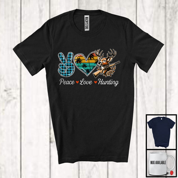 MacnyStore - Peace Love Hunting, Lovely Summer Vacation Plaid Peace Hand Sign Heart, Hunting Lover Team T-Shirt