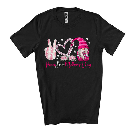 MacnyStore - Peace Love Mother's Day, Awesome Mother's Day Plaid Gnome Leopard Heart, Family Flowers T-Shirt