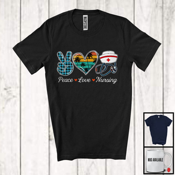 MacnyStore - Peace Love Nursing, Lovely Summer Vacation Plaid Peace Hand Sign Heart, Nurse Lover Team T-Shirt