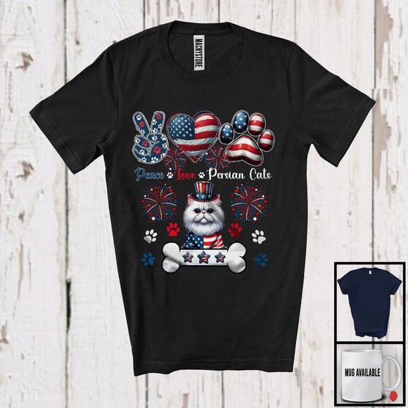 MacnyStore - Peace Love Persian Cats, Adorable 4th Of July Peace Hand Sign Heart, American Flag Patriotic T-Shirt