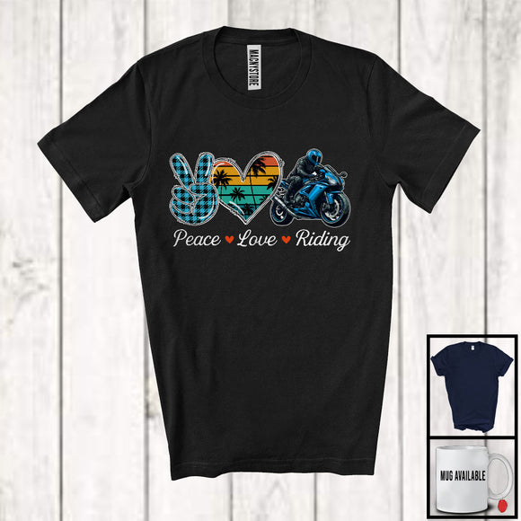 MacnyStore - Peace Love Riding, Lovely Summer Vacation Plaid Peace Hand Sign Heart, Riding Lover Team T-Shirt