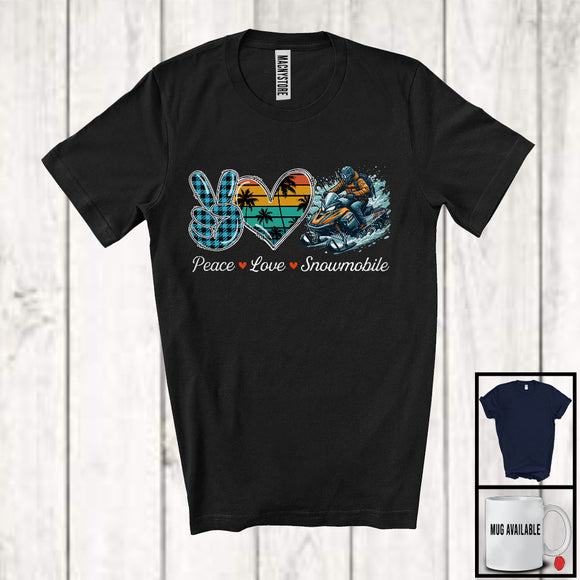 MacnyStore - Peace Love Snowmobile, Lovely Summer Vacation Plaid Peace Hand Sign Heart, Snowmobile Team T-Shirt