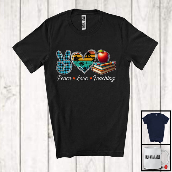 MacnyStore - Peace Love Teaching, Lovely Summer Vacation Plaid Peace Hand Sign Heart, Teacher Lover Team T-Shirt