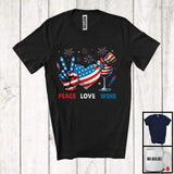 MacnyStore - Peace Love Wine, Awesome 4th Of July American Flag Peace Sign Hand Heart, Drinking Drunker T-Shirt