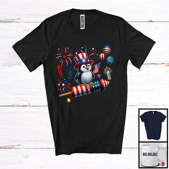 MacnyStore - Penguin Riding Firecracker, Wonderful 4th Of July USA Flag Animal Bird Fireworks, Patriotic T-Shirt