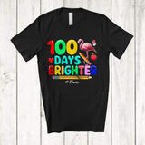 MacnyStore - Personalized 100 Days Brighter; Joyful 100th Day Of School Custom Name Flamingo; Students Teacher T-Shirt