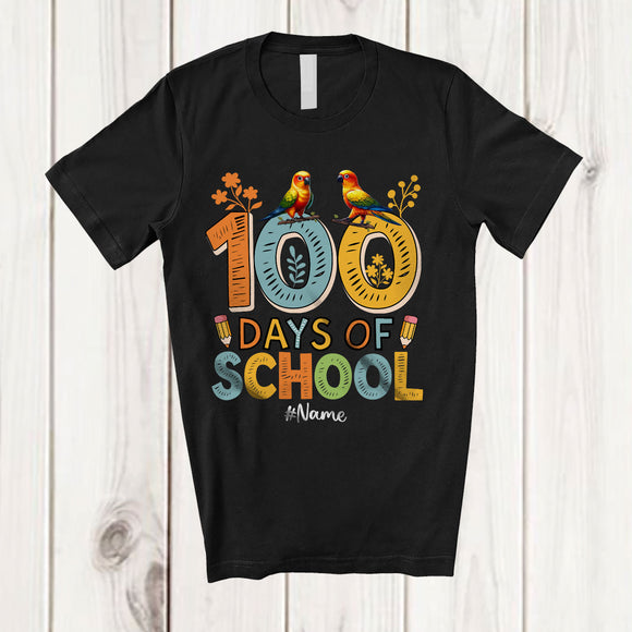 MacnyStore - Personalized 100 Days Of School; Lovely 100th Day Sun Conure Animal; Custom Name Teacher Students T-Shirt