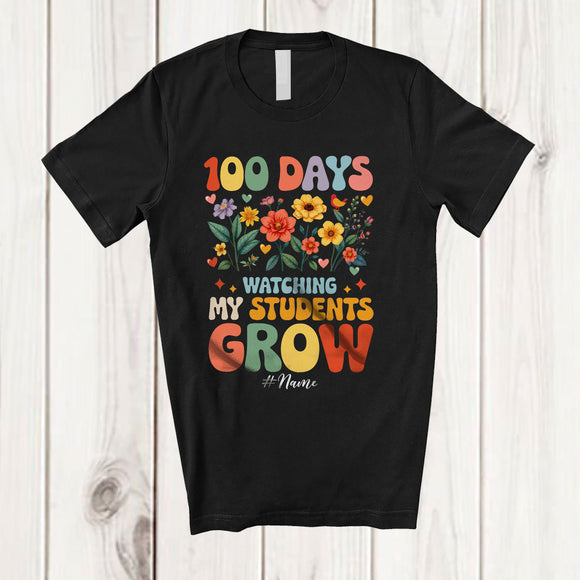 MacnyStore - Personalized 100 Days Watching My Students Grow; Joyful School Flowers Groovy; Custom Name Teacher T-Shirt