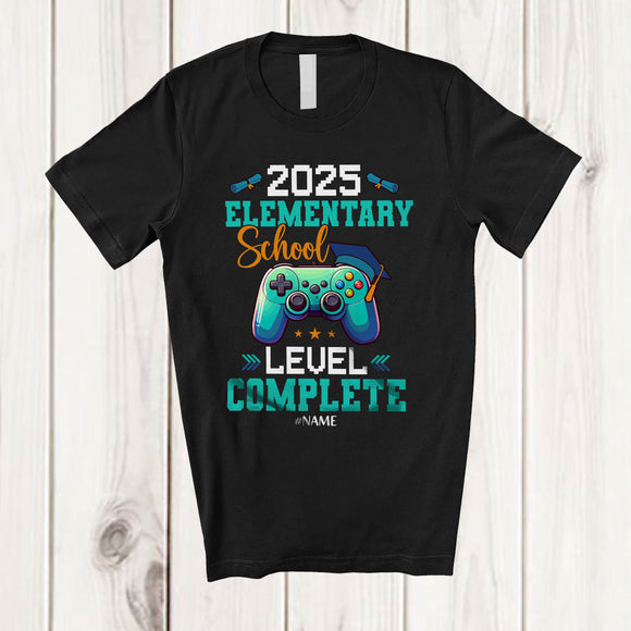 MacnyStore - Personalized 2025 Elementary School Complete; Joyful Graduation Summer Custom Name Gamer T-Shirt