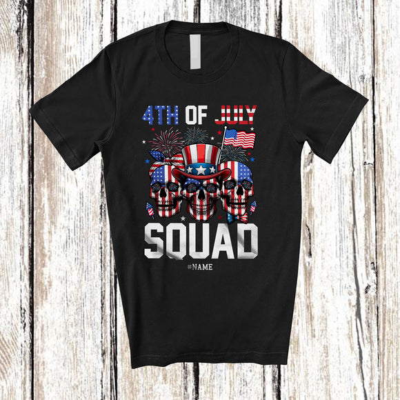 MacnyStore - Personalized 4th Of July Squad; Awesome Three American Flag Skulls; Custom Name Patriotic T-Shirt