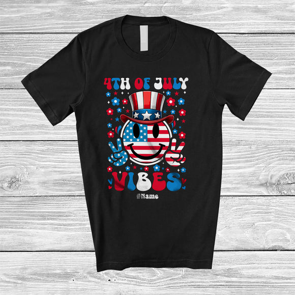 MacnyStore - Personalized 4th Of July Vibes; Lovely American Flag Face Flowers; Custom Name Patriotic T-Shirt