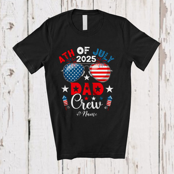 MacnyStore - Personalized 4th of July 2025 Dad Crew; Proud US Flag Sunglasses; Custom Name Family Patriotic T-Shirt