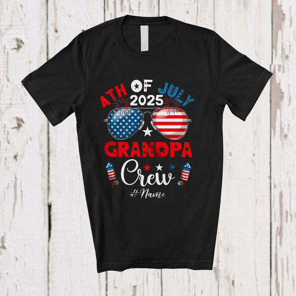 MacnyStore - Personalized 4th of July 2025 Grandpa Crew; Proud US Flag Sunglasses; Custom Name Patriotic T-Shirt
