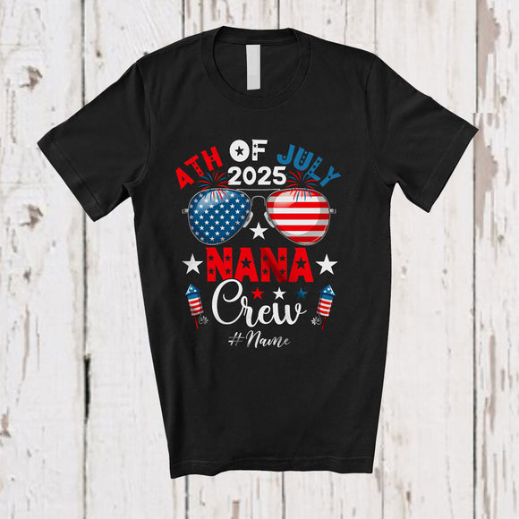 MacnyStore - Personalized 4th of July 2025 Nana Crew; Proud US Flag Sunglasses; Custom Name Family Patriotic T-Shirt