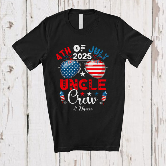MacnyStore - Personalized 4th of July 2025 Uncle Crew; Proud US Flag Sunglasses; Custom Name Patriotic T-Shirt