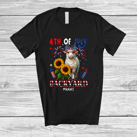 MacnyStore - Personalized 4th of July Backyard; Lovely Custom Name Sheep Farmer Patriotic; Farm Animal T-Shirt