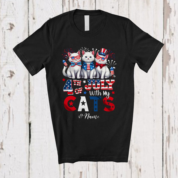 MacnyStore - Personalized 4th of July My With Cats; Proud Custom Name Three Cats Owner; Patriotic T-Shirt