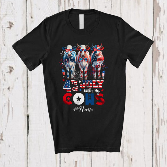 MacnyStore - Personalized 4th of July My With Cows; Proud Custom Name Farmer Three Cows; Patriotic T-Shirt