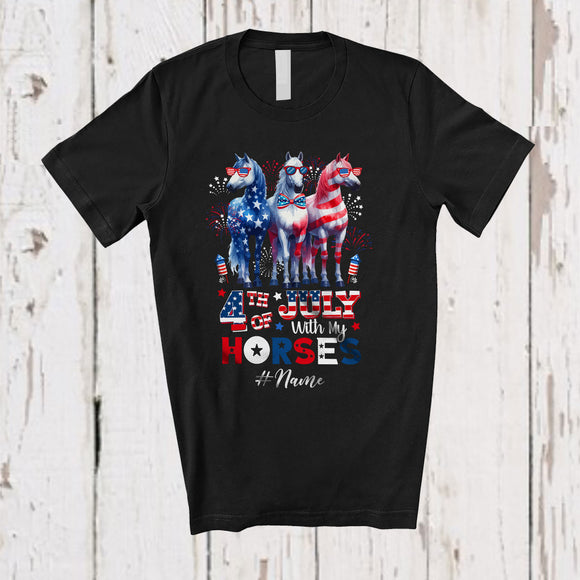 MacnyStore - Personalized 4th of July My With Horses; Proud Custom Name Farmer Three Horses; Patriotic T-Shirt