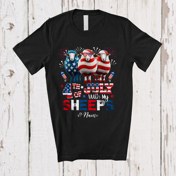 MacnyStore - Personalized 4th of July My With Sheeps; Proud Custom Name Farmer Three Sheeps; Patriotic T-Shirt
