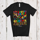 MacnyStore - Personalized Accept Adapt Advocate; Lovely Autism Awareness Custom Name Autistic T-Rex T-Shirt