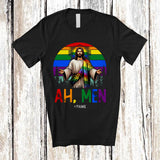 MacnyStore - Personalized Ah Men; Humorous LGBTQ Gay Pride Jesus; Rainbow Custom Name Family Retro T-Shirt