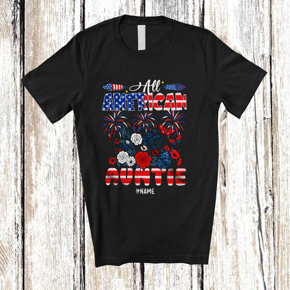 MacnyStore - Personalized All American Auntie; Happy 4th Of July US Flag Flowers; Custom Name Patriotic T-Shirt