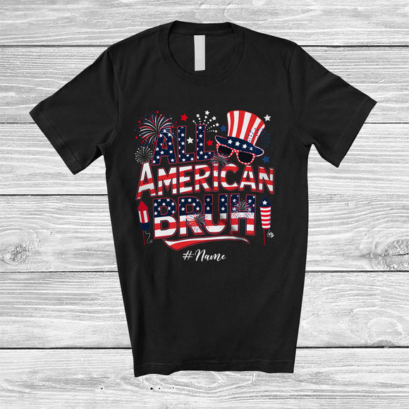 MacnyStore - Personalized All American Bruh; Cheerful 4th Of July Fireworks; US Flag Custom Name Patriotic T-Shirt