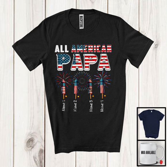 MacnyStore - Personalized All American Papa, Awesome 4th Of July Patriotic Fireworks, Custom Name Family T-Shirt