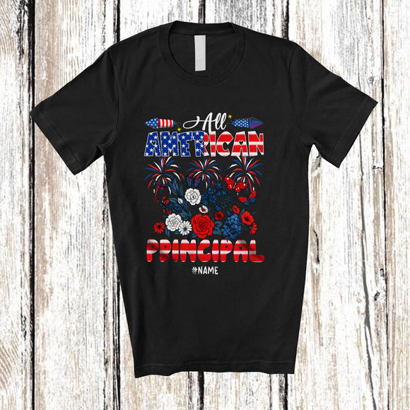 MacnyStore - Personalized All American Principal; Happy 4th Of July US Flag Flowers; Custom Name Patriotic T-Shirt