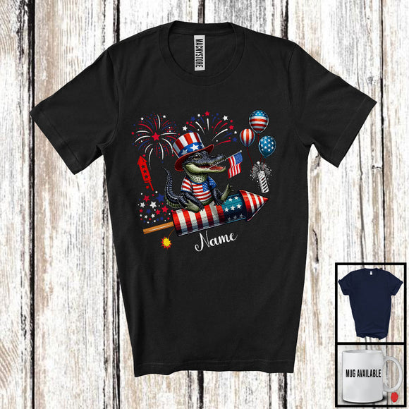 MacnyStore - Personalized Alligator Riding Firecracker, Lovely 4th Of July USA Flag Custom Name, Zoo Animal T-Shirt